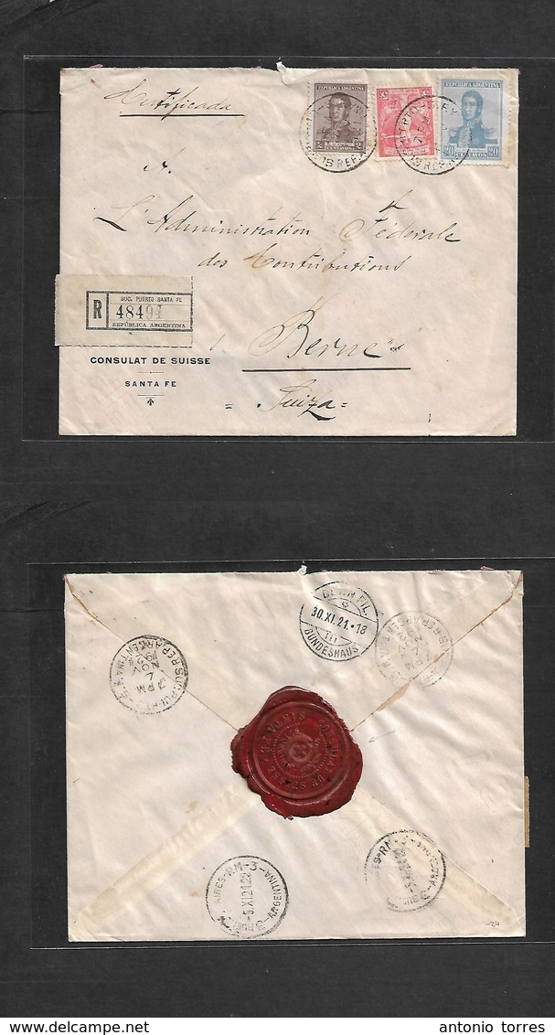 Argentina - Xx. 1921 (6 Nov) Puerto Santa Fe - Switzerland, Bern (30 Nov) Swiss Consular Mail. Registered Multifkd Env.  - Other & Unclassified