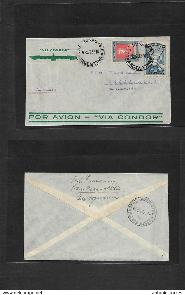 Argentina - Xx. 1935 (9 Sept) Las Rosas, Sta Fe - Germany, Herrsching. Via Condor 1,15 Pesos Fkd Env. Nice Village Usage - Autres & Non Classés