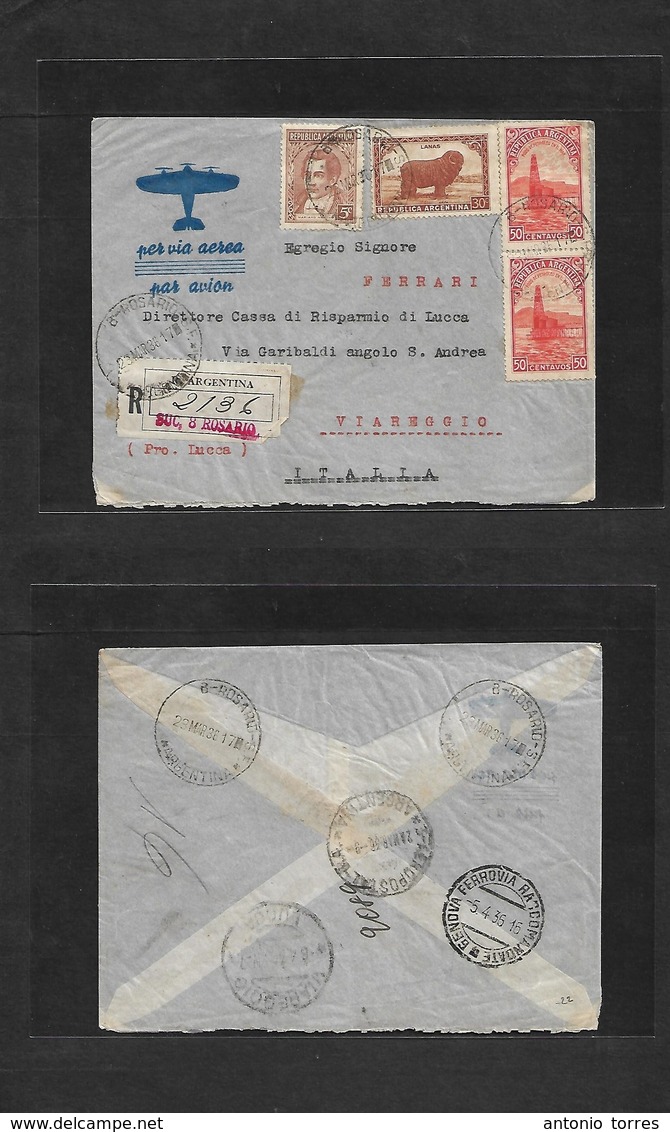 Argentina - Xx. 1936 (23 March) Rosario 13 - Italy, Viareggio (5 Apr) Registered Multifkd Env. Reverse Transited. VF. - Autres & Non Classés