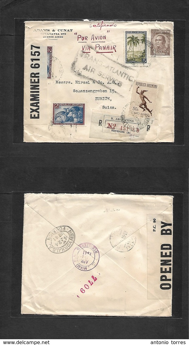 Argentina - Xx. 1941 (18 Apr) Buenos Aires B - Switzerland, Zurich (5 May) Via NY - Miami. Registered Multifkd Env + Cen - Other & Unclassified