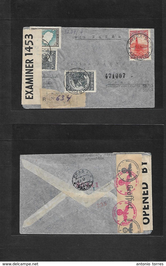 Argentina - Xx. 1943 (1 Feb) Rivera, Buenos Aires - Czechoslovakia, Prague (6 June 43) Registered Multifkd Envelope Via  - Autres & Non Classés