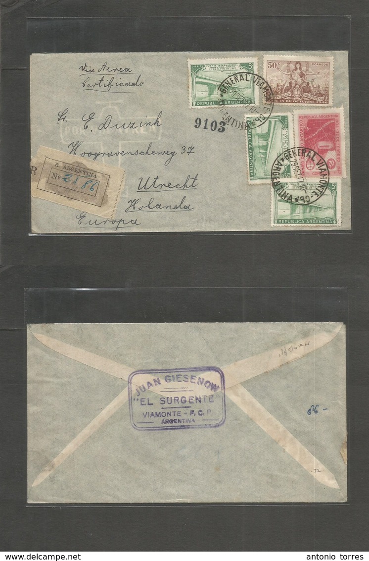 Argentina - Xx. 1947 (29 Sept) General Viamonte - Netherlands, Utrecht. Registered  Multifkd Airmail Env. VF Origin Usag - Other & Unclassified