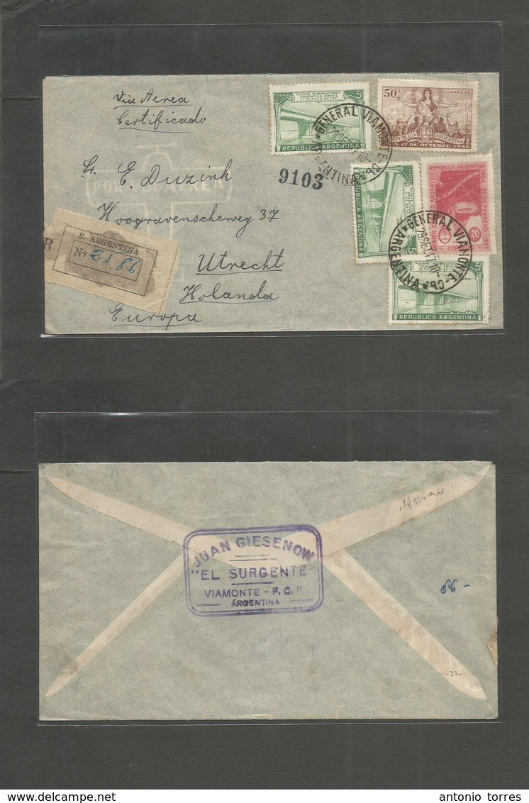 Argentina - Xx. 1947 (29 Sept) General Viamonte - Netherlands, Utrecht. Registered  Multifkd Airmail Env. VF Origin Usag - Autres & Non Classés