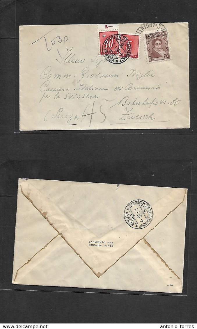 Argentina - Xx. 1949 (Dec) Buenos Aires - Switzerland, Zurich (3 Jan, 50) Fkd Procer Envelope + Taxed + Arrival Swiss P. - Autres & Non Classés