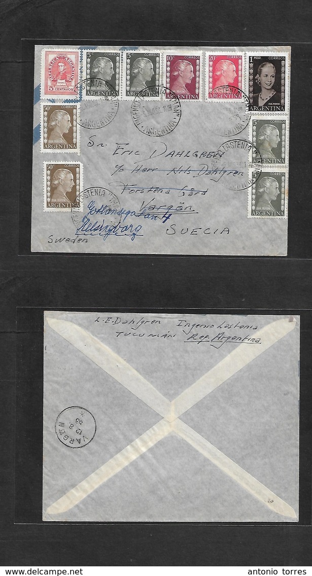 Argentina - Xx. 1953 (5 Ago) Ingrenio LASTENIA "TMAN" - Sweden, Vargan (12 Ago) Eva PERON Multifkd Air Envelope. VF. - Autres & Non Classés