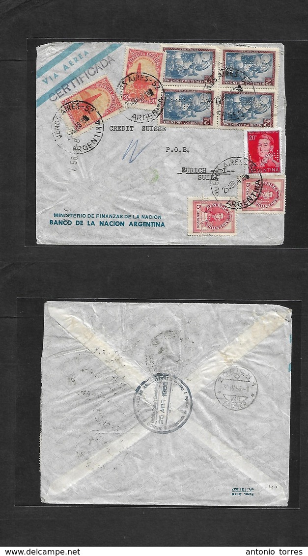Argentina - Xx. 1956 (25 Apr) Buenos Aires - Switzerland, Zurich (30 Apr) Perfin BNA. Registered Multifkd Envelope. - Autres & Non Classés