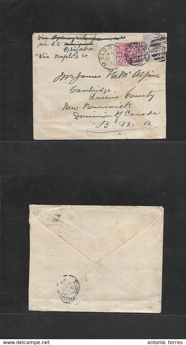 Australia. 1893 (21 March) Melbourne - Canada, BNA, New Brunswick, Cambridge Via Fkd Env At 2 1/2d Rate. Per SS Orizaba. - Other & Unclassified