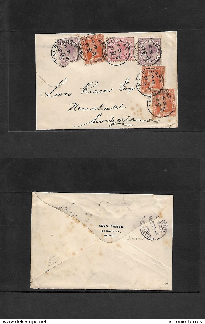 Australia. 1897 (Nov 9) Melbourne, Via - Switzerland, Nenchatel (11 Dic) QV. Multifkd Env, Tied Cds. - Other & Unclassified