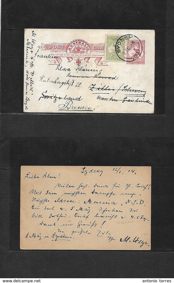 Australia. 1914 (12 Jan) Sydney - Switzerland, Zillis, Fwded To Germany, Bremen. 1d Red Cangaroo Stat Card + 1/2d Open A - Autres & Non Classés