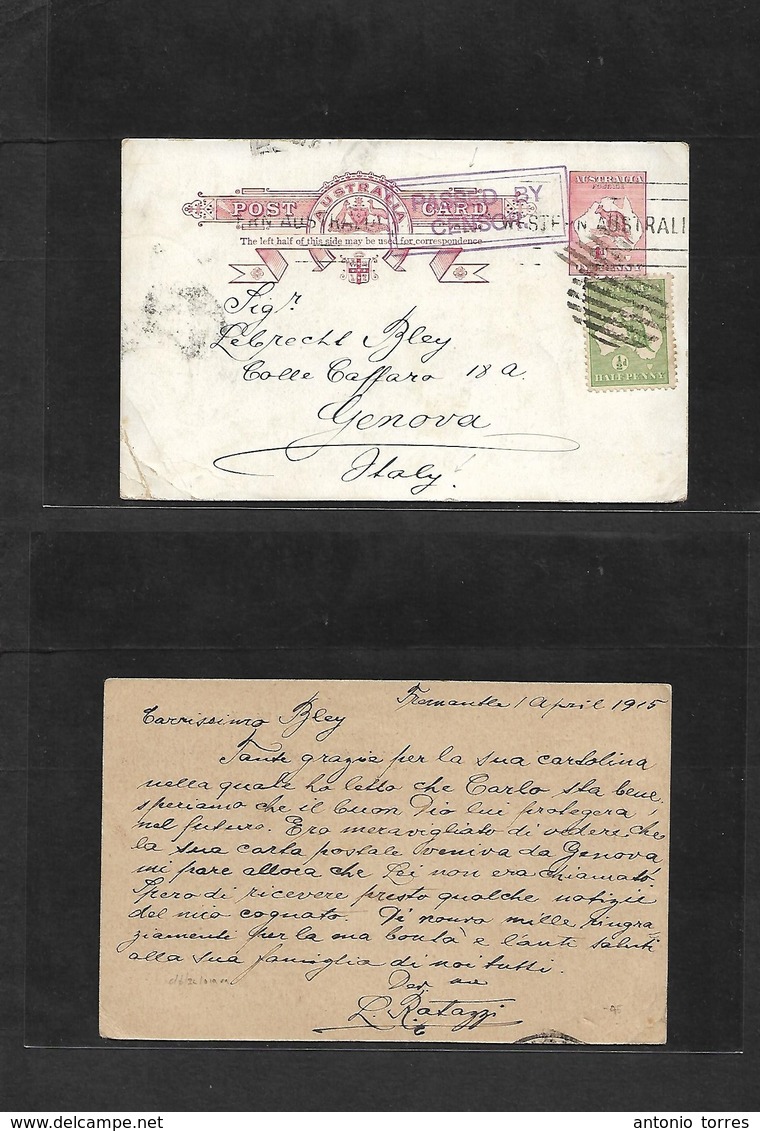 Australia. 1915 (1 April) Fremantle - Italy, Genova 1d Cangaroo Red Stat Card + 1/2d Green Adtls, Rolling Cachet + Grill - Other & Unclassified
