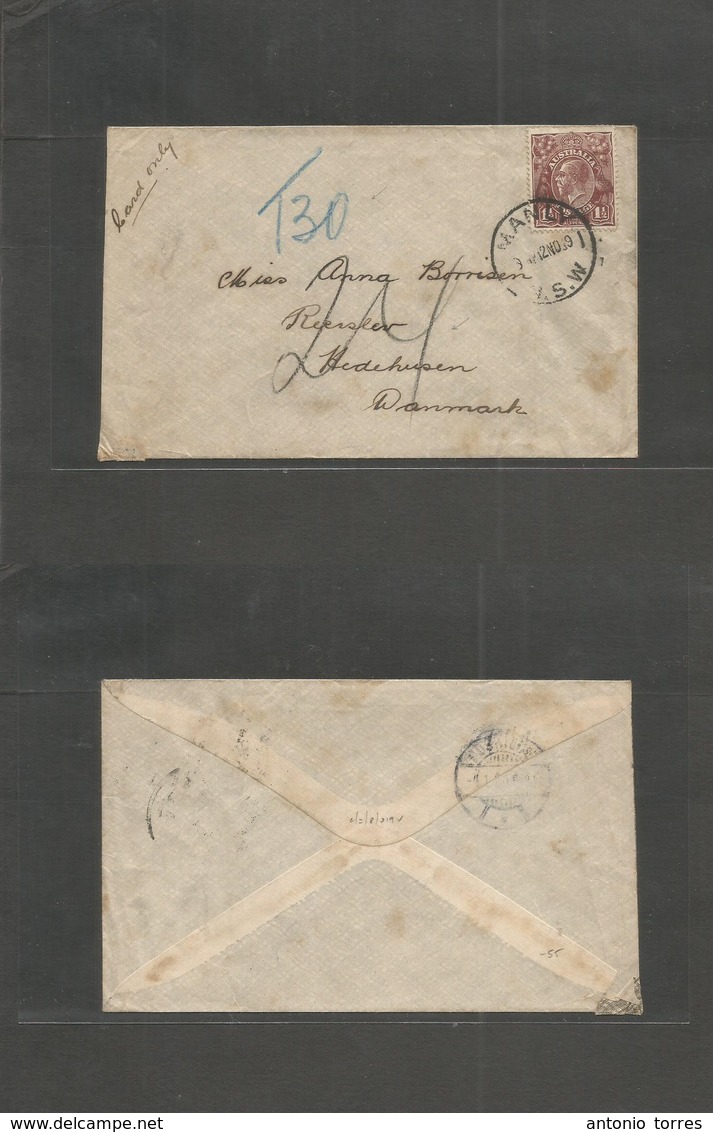Australia. 1919 (12 Nov) Manly, NSW - Denmark, Hedehussen (4 Jan 20) 1 1/2d Brown Single Fkd (card Only) Envelope + Taxe - Andere & Zonder Classificatie