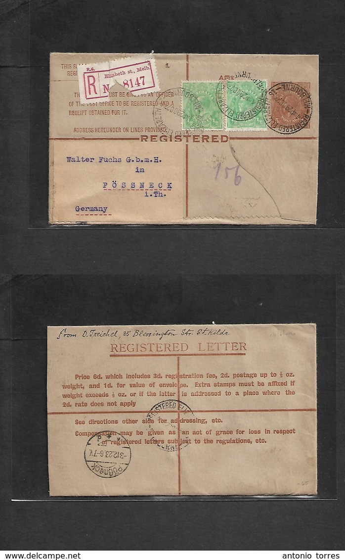 Australia. 1923 (29 Oct) Melbourne, Elisabeth St. - Germany, Possneck (3 Dec) Registered Multifkd 5d Brown Stat Env, Cds - Other & Unclassified