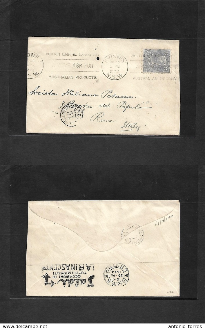 Australia. 1924 (June 23) Sydney, NSW - Italy, Rome (25 July) Slogan Cachet. Fkd Env 3d Grey Lilac + Arrival Italian Spe - Other & Unclassified