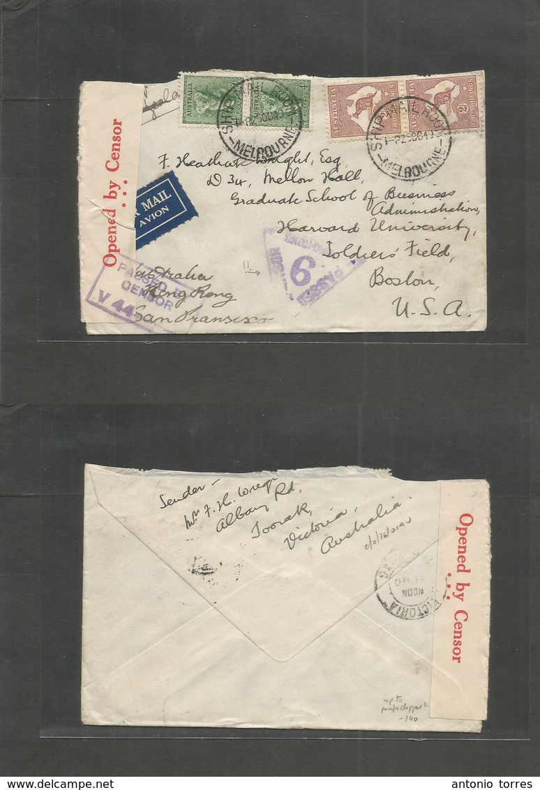 Australia. 1940 (26 Oct) Toorak, Via, Melbourne, Ship Mail - USA, Boston. Air Pacific Depart Censor + Via Hong Kong Cens - Sonstige & Ohne Zuordnung