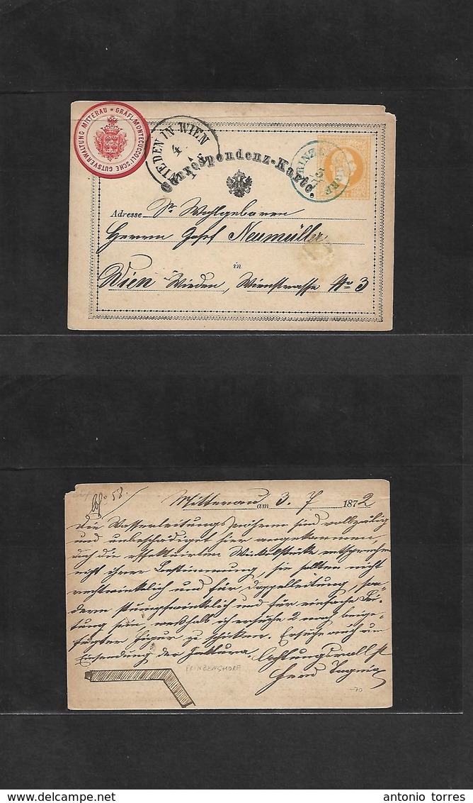 Austria - Stationery. 1872 (3 July) Princenshorf - Wien. Early 2kr Orange Stat Card, Blue Cds (xx) VF. - Other & Unclassified