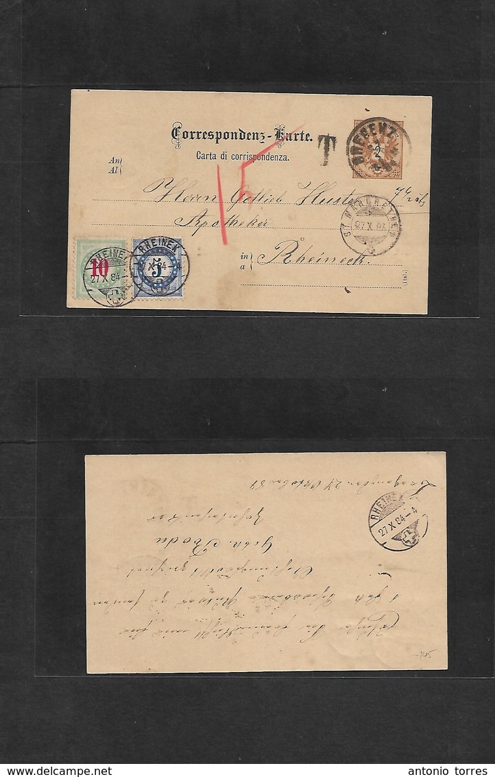 Austria - Stationery. 1884 (27 Oct) Breguenz - Switzerland, Rheinek (27 Oct) 2kr Brown Stat Card + Taxed + Arrival MIXED - Autres & Non Classés