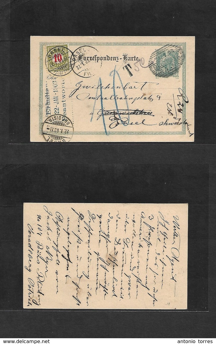 Austria - Stationery. 1903 (21 Jan) Voradlberg - Switzerland, Basel (22 Jan) 5h Green Stat Card + Taxed + Arrival Swiss  - Other & Unclassified