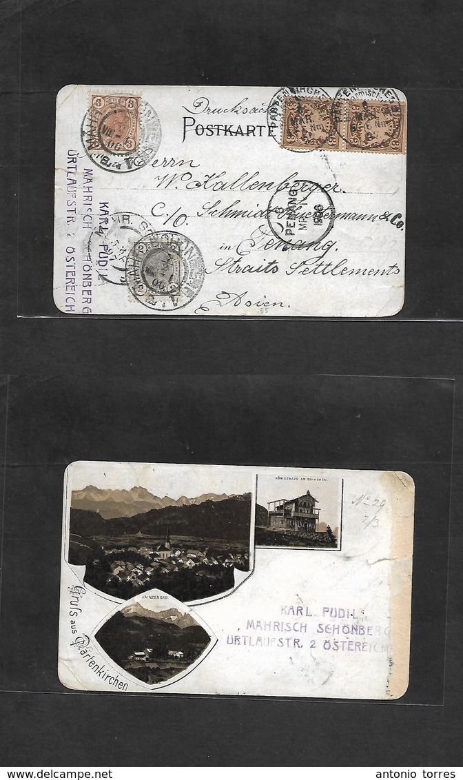Austria. 1906 (7 Feb) Schonberg - Penang, Malaysia (March 1) Fkd Pm Ppc + Decorative Bayern 3 Pf Par. Parten Kirchen Fkg - Otros & Sin Clasificación