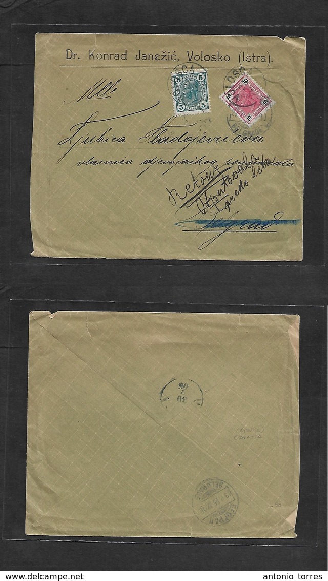 Austria. 1906 (25 July) CROATIA. Volosca, Opatja, Istna - Belgrade, Serbia (13 July Gregorian) + RETOUR Mns Postal Cache - Autres & Non Classés