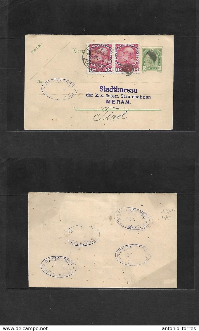 Austria - Stationery. 1908 (10 June) REPLY HALF Stat Card Proper Usage. Switzerland, Basel - TIROL, Mepan. 5h Green + 2  - Autres & Non Classés