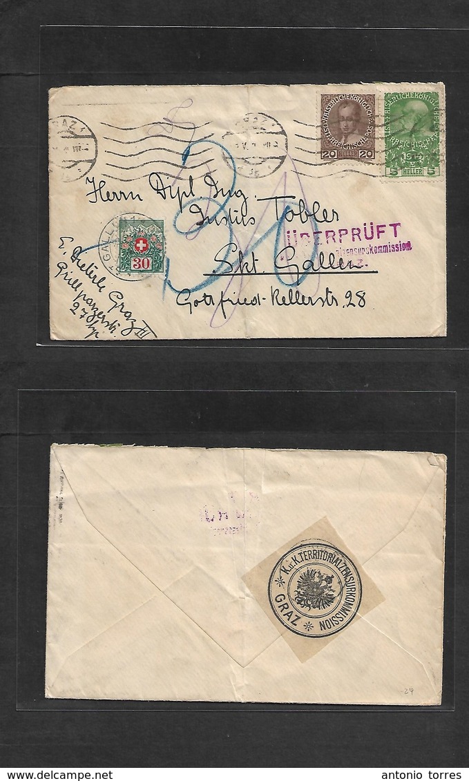 Austria - Xx. 1915 (4 May) Graz - Switzerland, St. Gallen. Fkd + Censored WWI Envelope + Taxed + Arrival Swiss P. Due Ti - Other & Unclassified