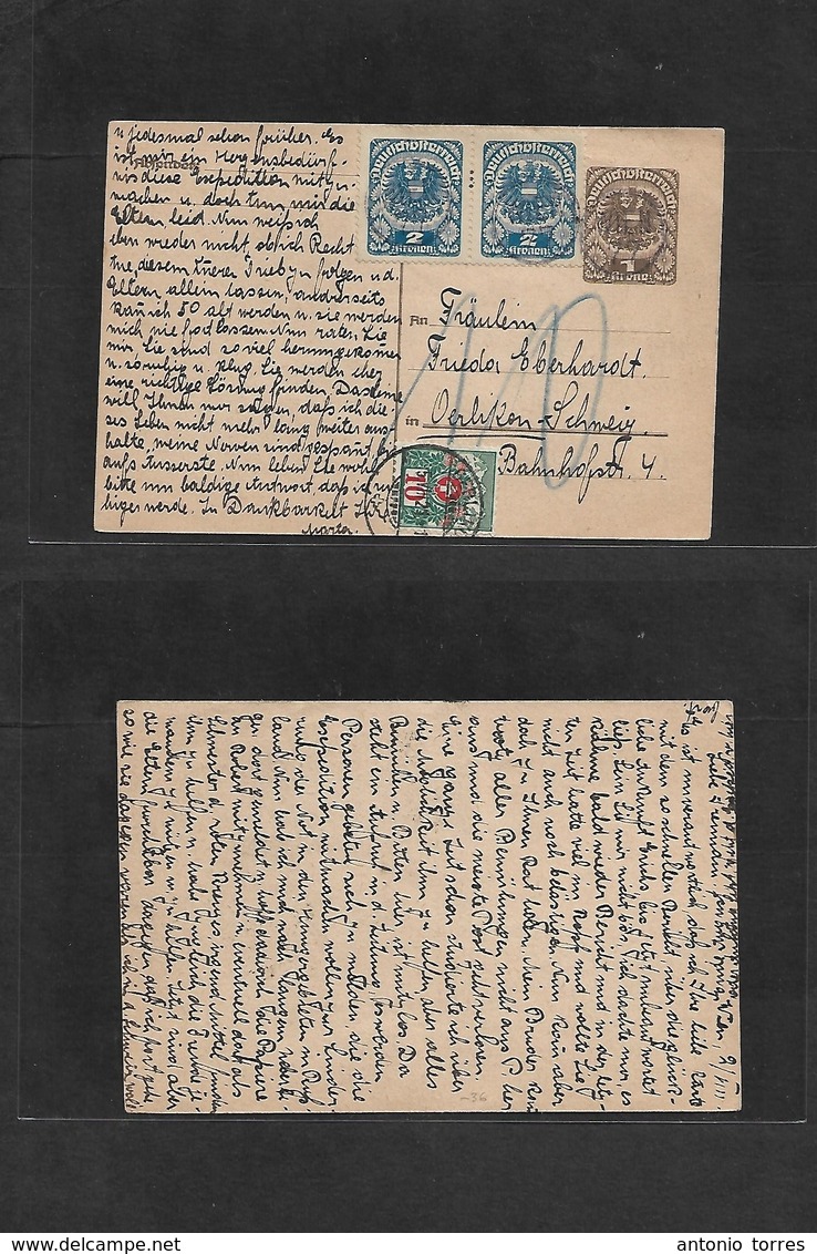 Austria - Stationery. 1921. Wien 77 - Switzerland, Oerlikon (5 July) 1kr Brown Stat Card + 2 Adtls, Taxed + Arrival Swis - Otros & Sin Clasificación