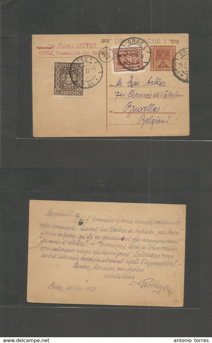 Austria. 1922 (6 Oct) Graz - Belgium, Bruxelles. 50 Kr Brown Stat Card + 2 Adtls. Fine. - Otros & Sin Clasificación