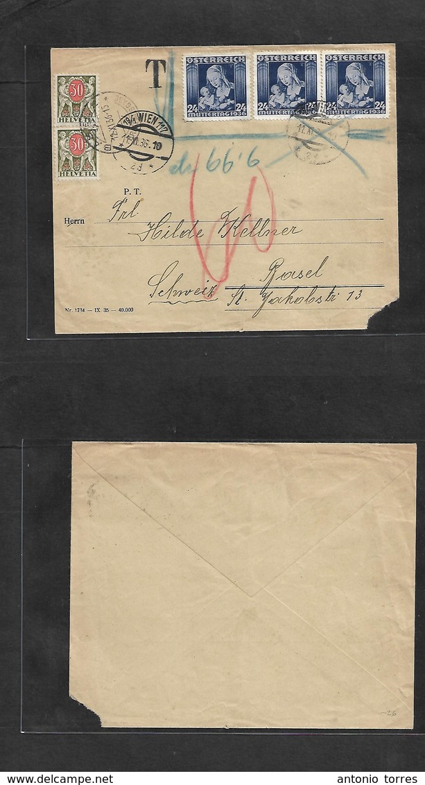 Austria - Xx. 1936 (11 Nov) Wien - Switzerland, Basel (12 Nov) Multifkd Invalid Postage Envelope + Taxed + Arrival Swiss - Otros & Sin Clasificación