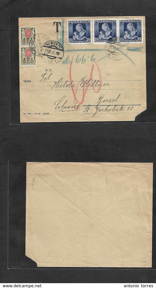 Austria - Xx. 1936 (11 Nov) Wien - Switzerland, Basel (12 Nov) Multifkd Invalid Postage Envelope + Taxed + Arrival Swiss - Andere & Zonder Classificatie