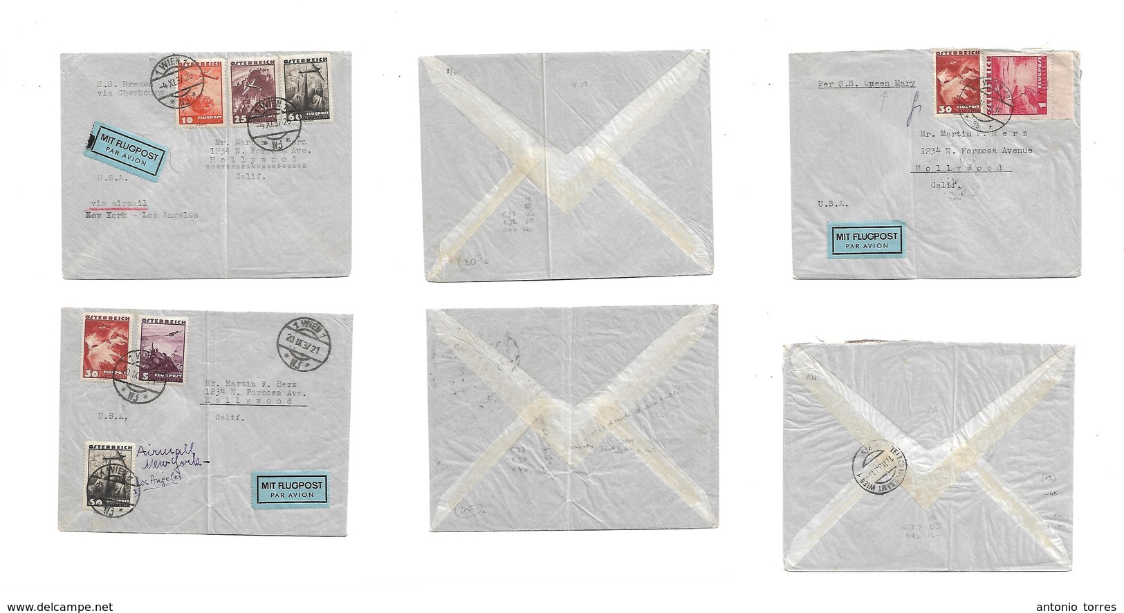Austria. 1937-8. Wien - USA, CA, Hollywood. Trio Of Multifkd Airmail Envelopes, Diff Stamps, Same Correspondance, With R - Otros & Sin Clasificación