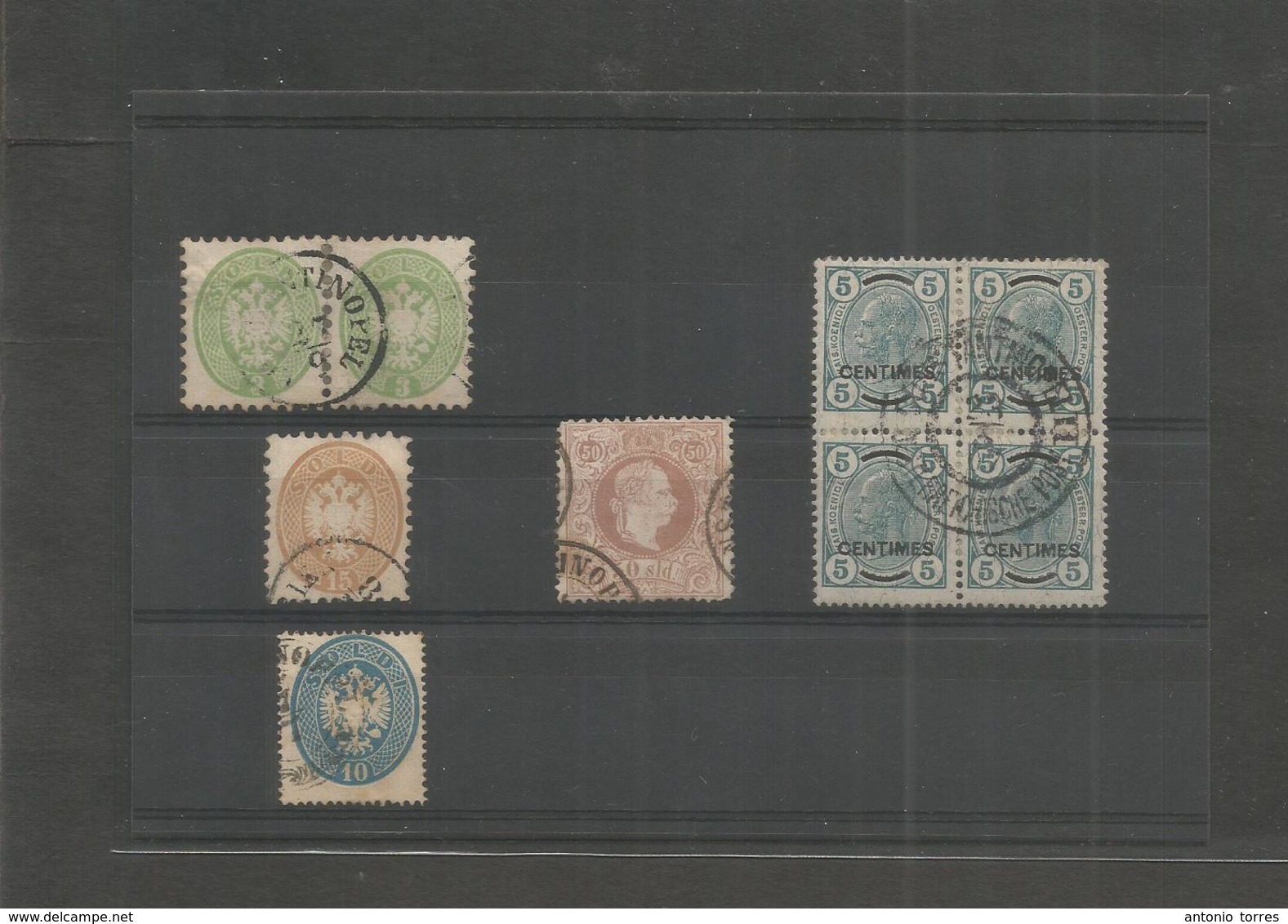 Austrian Levant. 1870s-90s. 5 Diff Used Stamps, Tied 50 Sld, Diff Perfs + Block Of Four. - Otros & Sin Clasificación