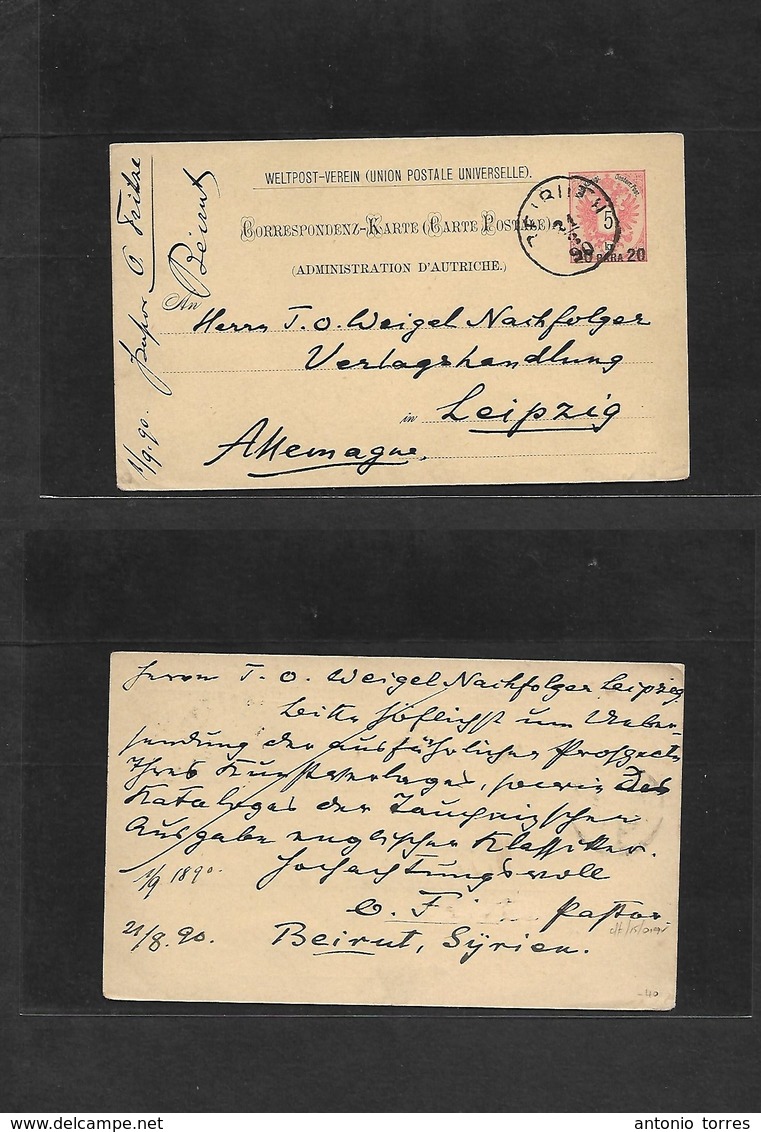 Austrian Levant. 1890 (31 Aug) Lebanon, Beiruth - Germany, Leipzig. 20per / 5kr Stat Card. Fine Used. - Other & Unclassified