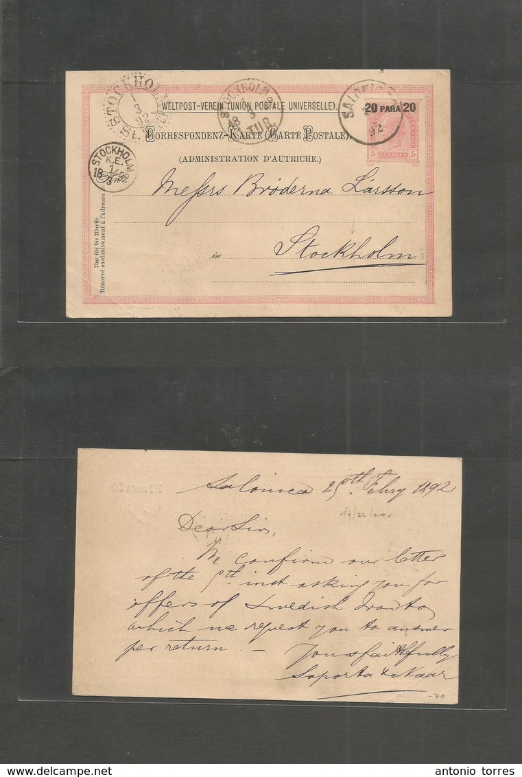 Austrian Levant. 1892 (25 Febr) Salonica - Sweden, Stockholm (1 March) 20 Para Ovptd Stat Card. Fine Used. - Other & Unclassified