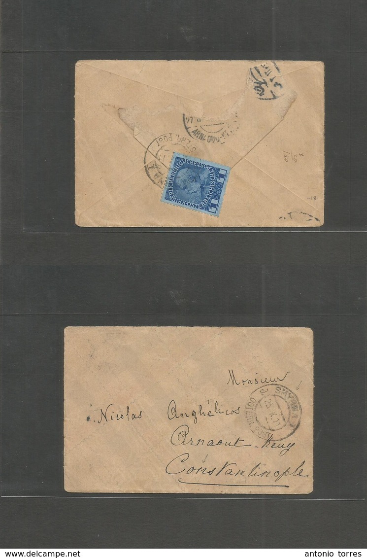 Austrian Levant. 1911 (25 Sept) Smyrna, Constantinople. Via Annadud. Reverse Fkd Env, Blue 1 Piaster. Scarce Local Usage - Andere & Zonder Classificatie