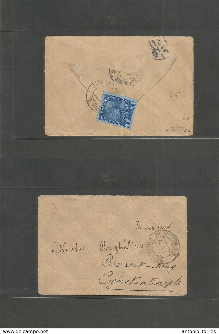 Austrian Levant. 1911 (25 Sept) Smyrna, Constantinople. Via Annadud. Reverse Fkd Env, Blue 1 Piaster. Scarce Local Usage - Autres & Non Classés