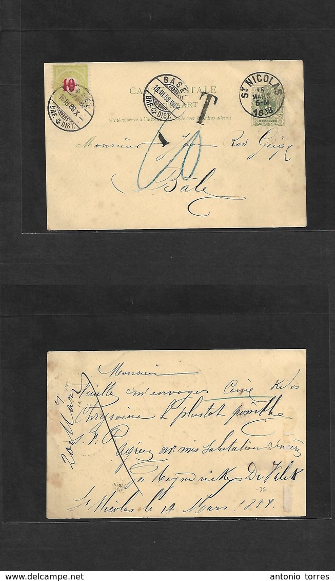 Belgium - Stationery. 1888 (15 March) St. Nicolas - Switzerland, Basel (16 March) 5c Green Stat Card + Taxed + Swiss Pos - Otros & Sin Clasificación