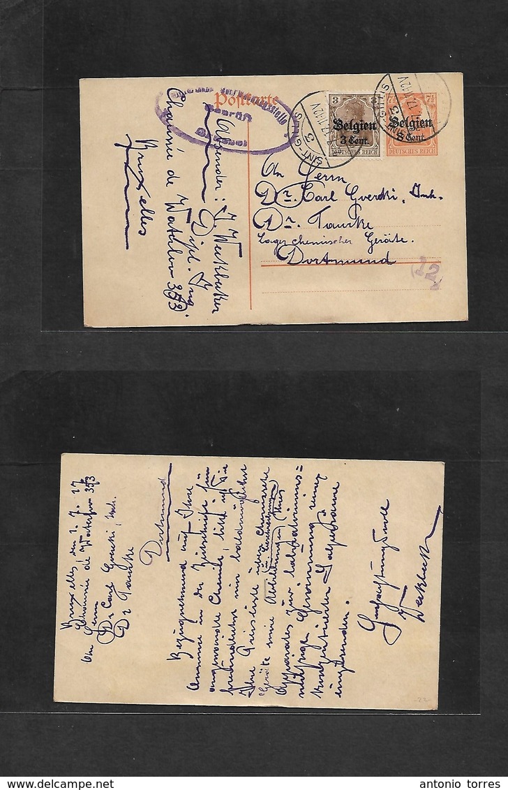 Belgium. 1917 (2 July) German Occup. Sint Gillis - Germany, Dortmund 7 1/2 Pf Orange Germania Stat Card + Adtl + Mil Cen - Other & Unclassified