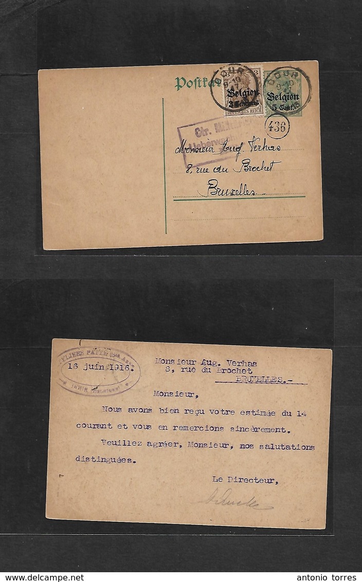 Belgium. 1917 (9 Oct) German Occup. Dour - Bruxelles. Germaia Ovptd Stat Card + Adtl + Mil Censor. Fine. - Otros & Sin Clasificación