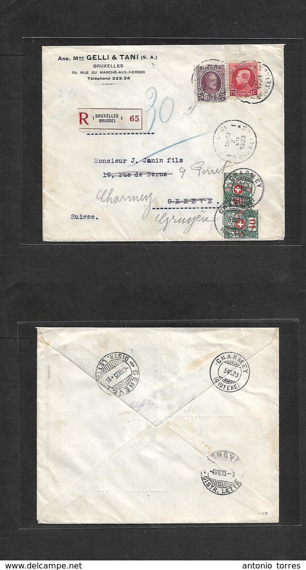 Belgium - Xx. 1923 (2 July) Brussels - Switzerland, Geneve (5 Aug) Registered Multifkd Envelope + Taxed + Arrival Swiss  - Autres & Non Classés