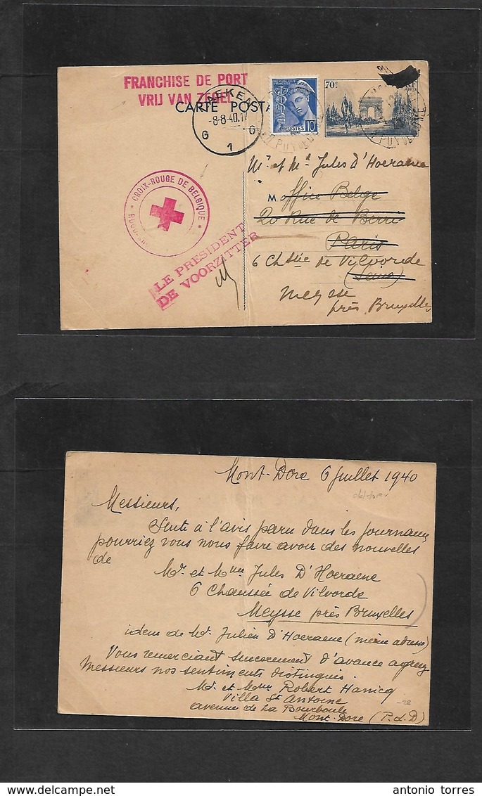 Belgium. 1940 (8 Aug) Belgian Red Cross In France. Free Frank 70c. France Arc Triumph Stat Card + Adtl. Circulated To Be - Andere & Zonder Classificatie