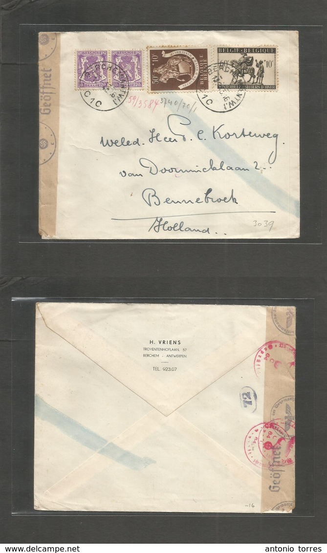 Belgium - Xx. 1943 (13 Febr) Berchemiantwj - Bennebroek, Netherlands. WWII Occupation. Multifkd Censored Envelope. - Otros & Sin Clasificación