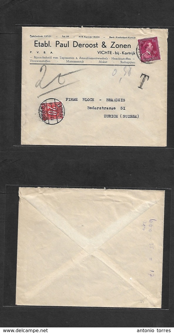 Belgium - Xx. 1945 (14 Nov) Kortrijk - Switzerland, Zurich (17 Nov) Fkd Comercial Envelope + Taxed + Arrival Swiss P. Du - Other & Unclassified
