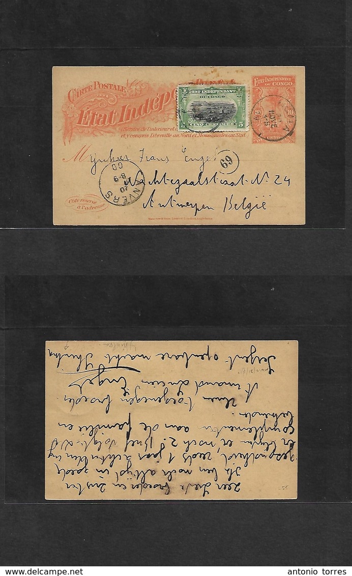 Belgian Congo. 1900 (Nov) Yhimba - Belgium, Antwerp (20 Dec) 10c Orange Stat Card + 5 Cts Adlt Cds. Via Boma (30 Nov) Mi - Other & Unclassified