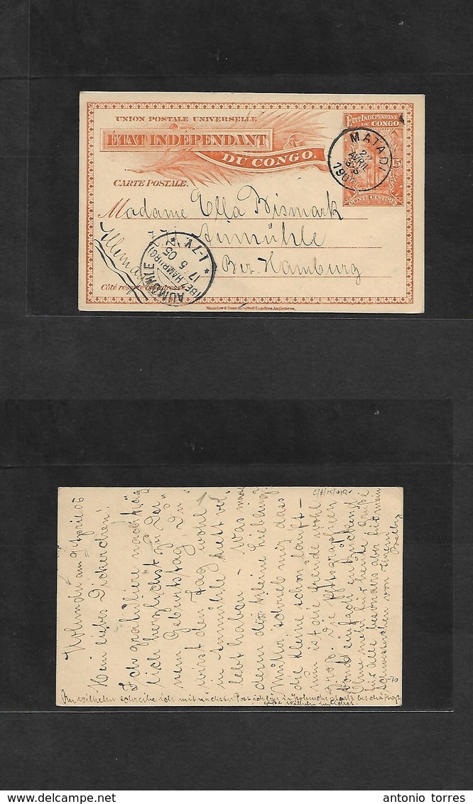 Belgian Congo. 1905 (9 Apr) Molundu - Germany, Hamburg, Aumumle (17 May) Via Matadi (22 April) 15c Orange Stat Card. Fin - Otros & Sin Clasificación