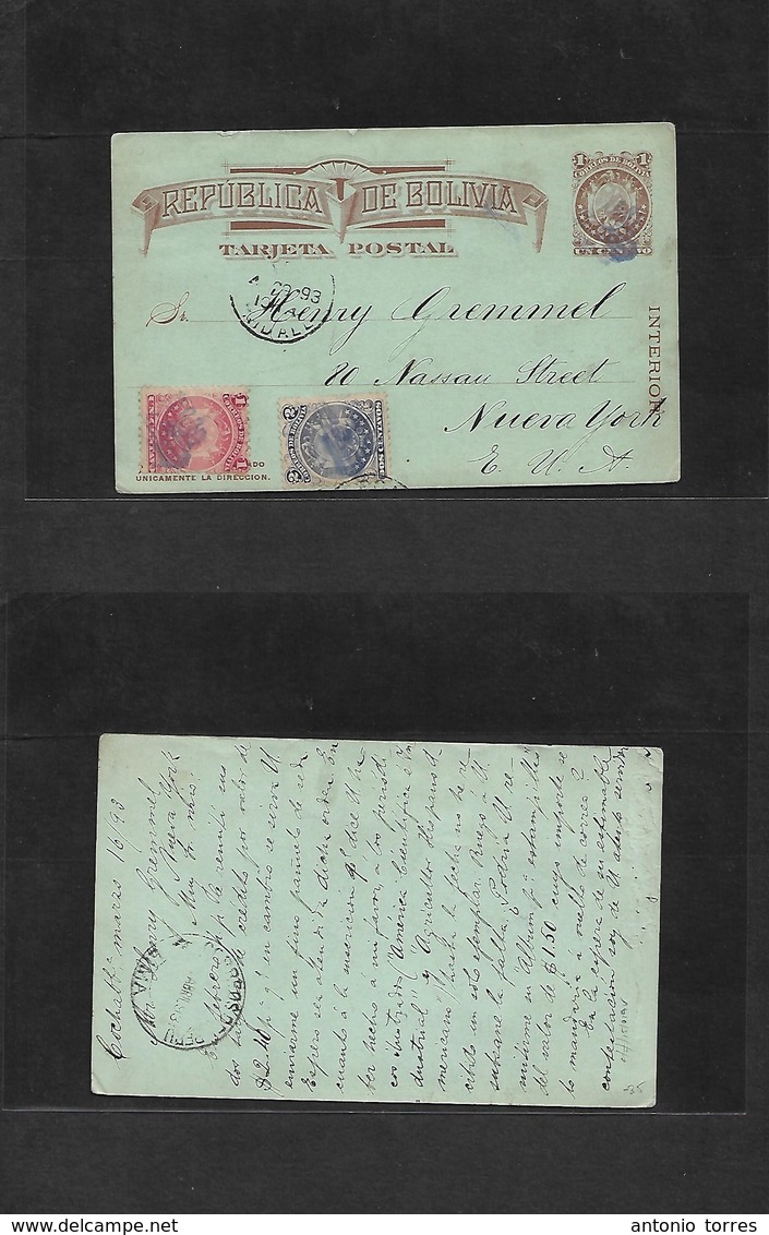 Bolivia. 1893 (16 March) Cochabamba - USA, NYC. 1c Brown + 2 Adtls Stat Card. 10 Stars / Stamps 9 Stars. Fine. Via Lima  - Bolivia