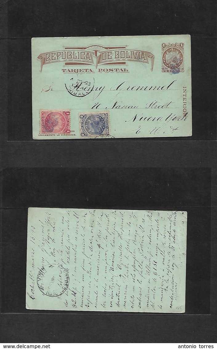 Bolivia. 1893 (16 March) Cochabamba - USA, NYC. 1c Brown + 2 Adtls Stat Card. 10 Stars / Stamps 9 Stars. Fine. Via Lima  - Bolivië