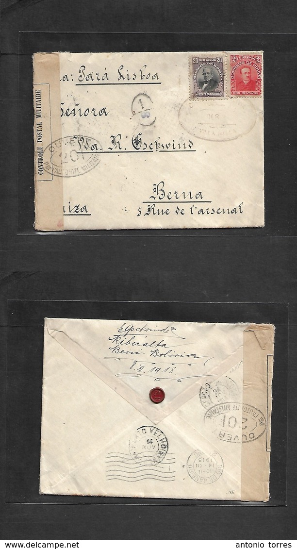 Bolivia. 1918. Villa Maria, Beni, Ribera Alta - Switzerland, Bern. Via Amazonas - Aeve - Manaos - Lisbon. Fkd + Censored - Bolivie