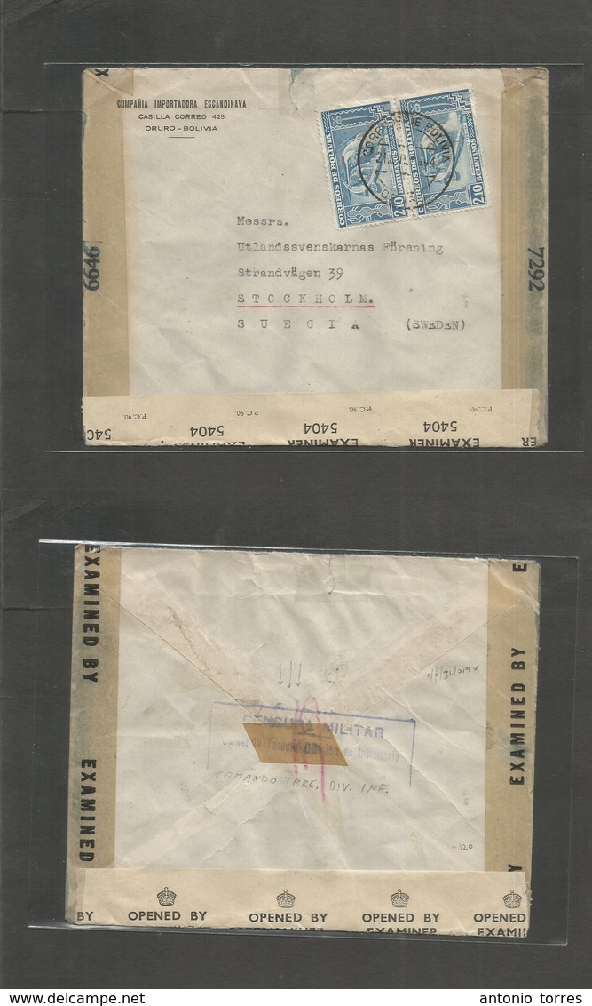 Bolivia. 1944 (21 July) Oruro - Sweden, Stockholm. Triple Censored Multifkd Envelope, Including Rare Military Censor Dep - Bolivia