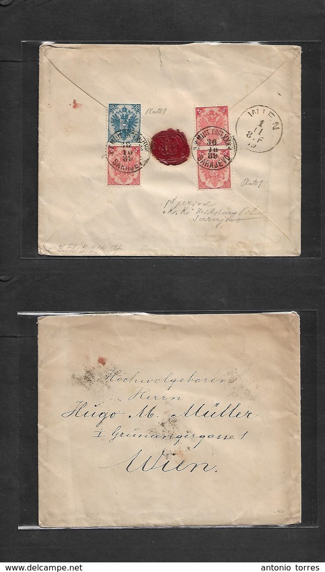 Bosnia. 1889 (30 Oct) Sarajevo - Wien, Austria (1 Nov) Reverse Multifkd Env 5b (x3) Reddish + 10b Blue, Both Plate 1, Ti - Bosnie-Herzegovine