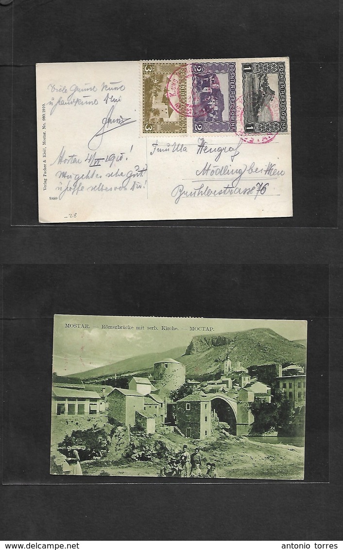 Bosnia. 1910 (4 June) Mostar - Modling, Wien, Austria. Multifkd Ppc View Card, Tricolor + Red Cachet Cds. Fine. - Bosnia And Herzegovina